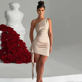 Pleated Bodycon One Shoulder Spring Summer Backless Nightclub Party Mini Dress